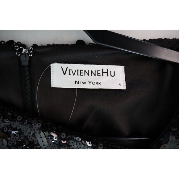 Vivienne Hu Women's Sz 4 Black Asymmetrical Neck L/S Sequin Mini Dress - Picture 3 of 9